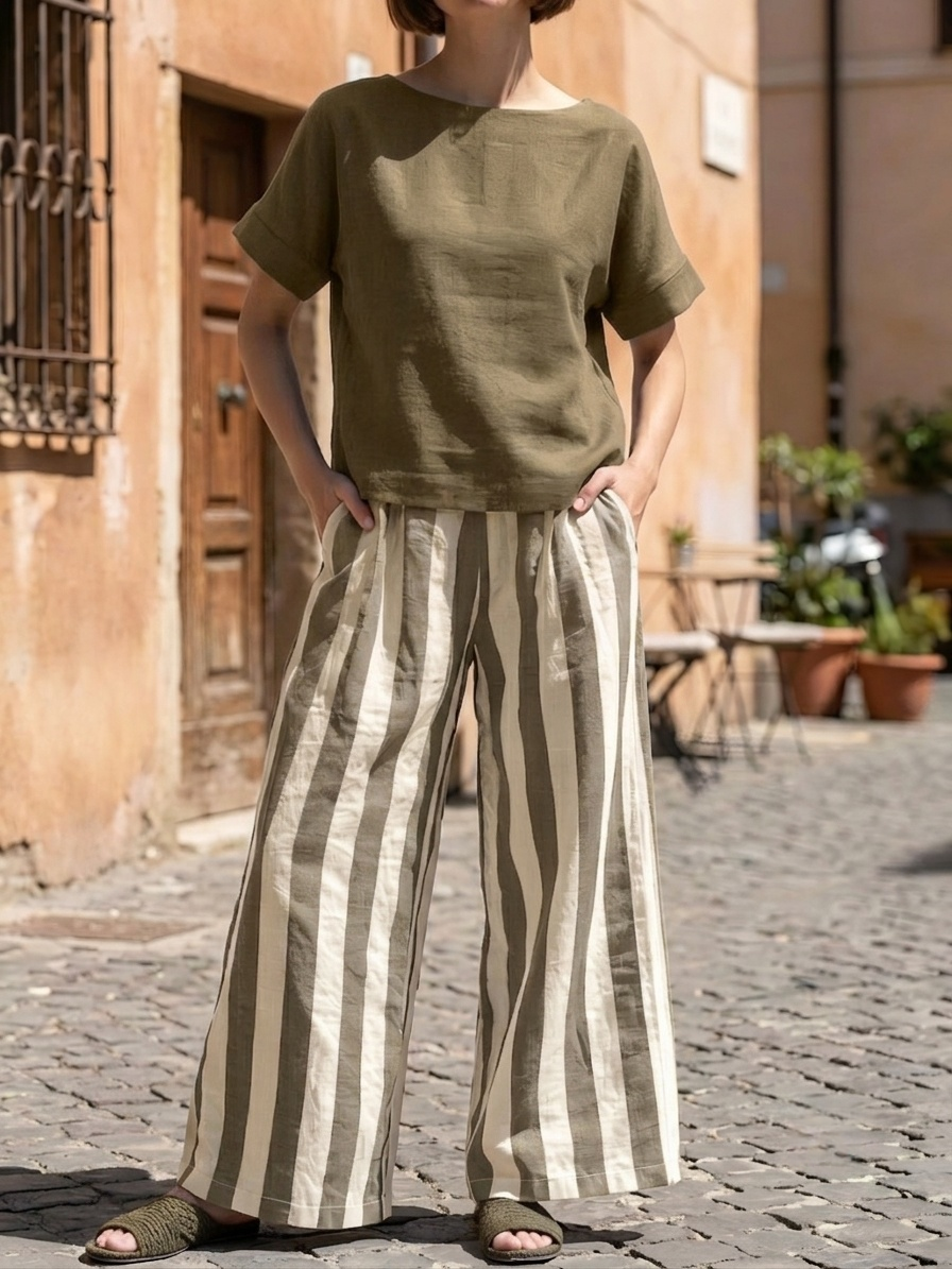 Women's Striped Art Comfortable Casual Top And Pants Cotton Linen Two-piece Set