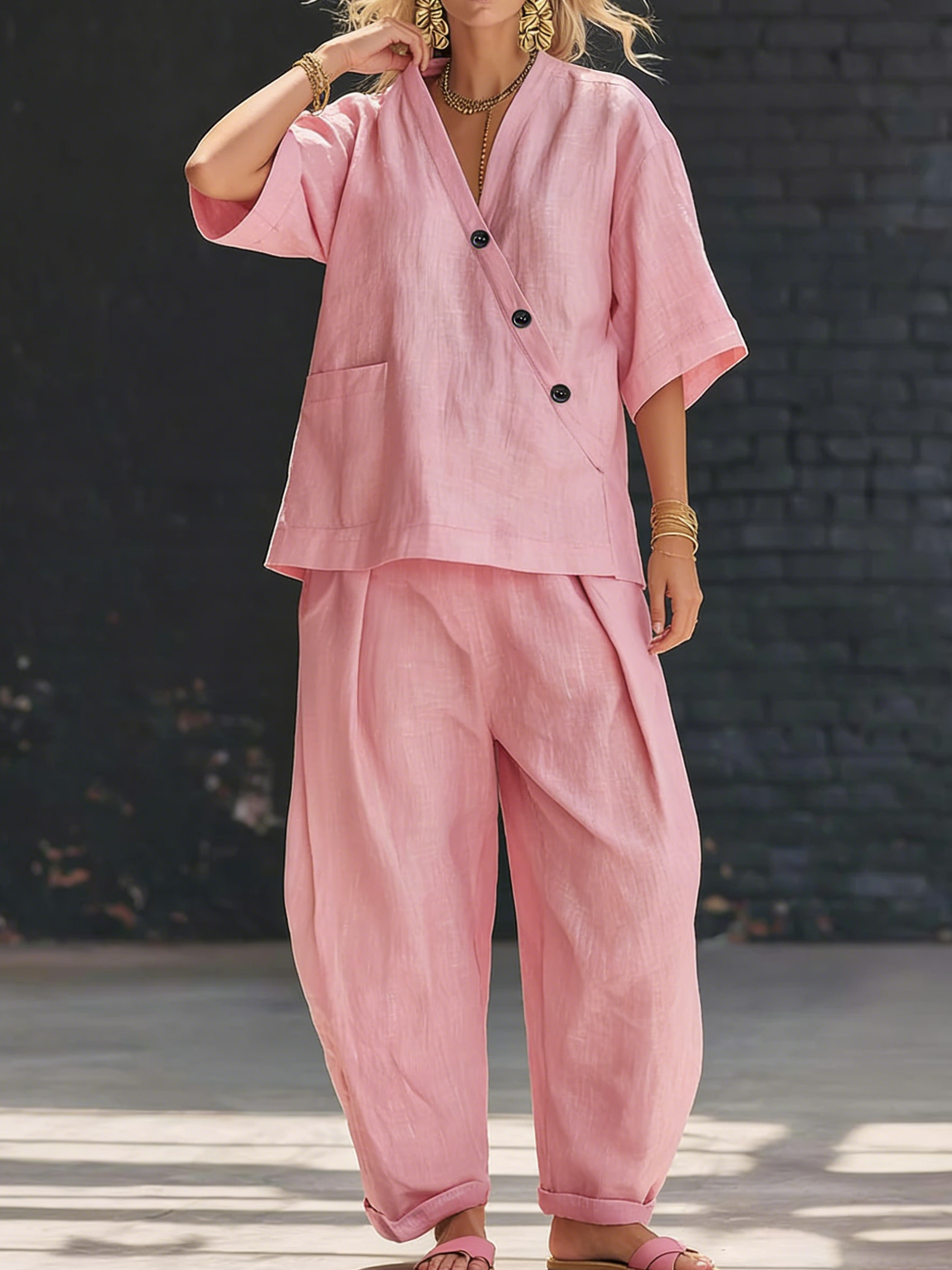 Stylish Cozy Button Linen Cotton Two-piece Set