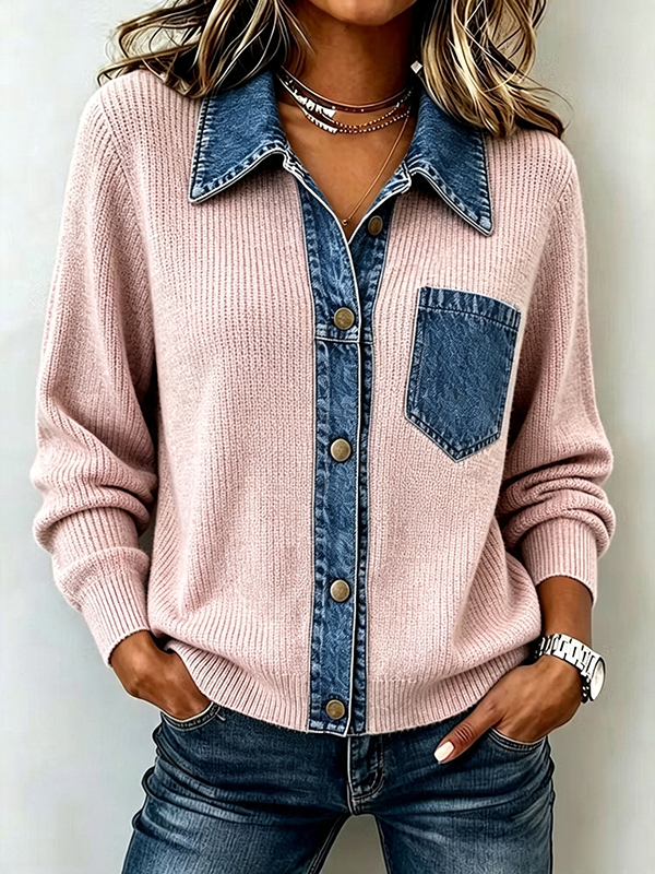 CLEARANCE SALE🔥Women's Denim Patchwork Knit Cardigan