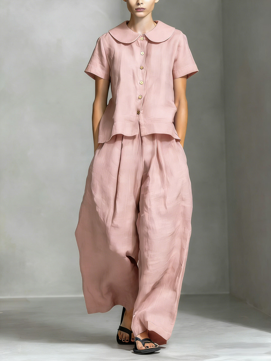Women’s Cotton Linen Peter Pan Collar Top & Wide-Leg Pants Set