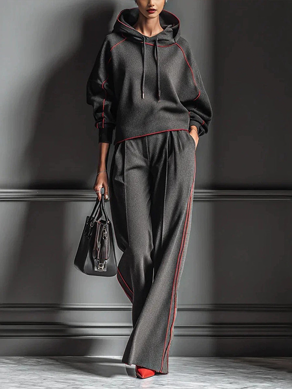 CLEARANCE SALE🔥Women’s Chic Charcoal Grey Red-Trimmed Hooded Tracksuit Set