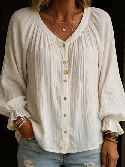 Women's Long Lantern Sleeves Cotton Shirt