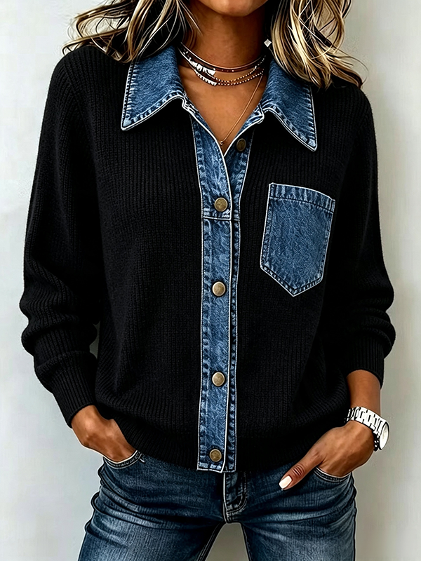 CLEARANCE SALE🔥Women's Denim Patchwork Knit Cardigan