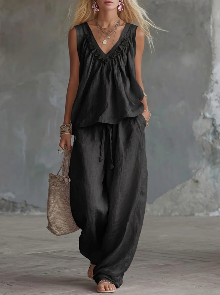 New Arrivals🔥Casual Linen And Cotton Sleeveless Top And Pants With Ruffled Collar Two-piece Set