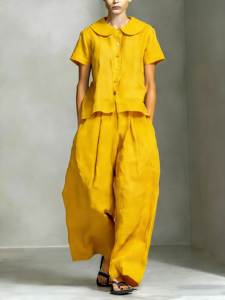Women’s Cotton Linen Peter Pan Collar Top & Wide-Leg Pants Set