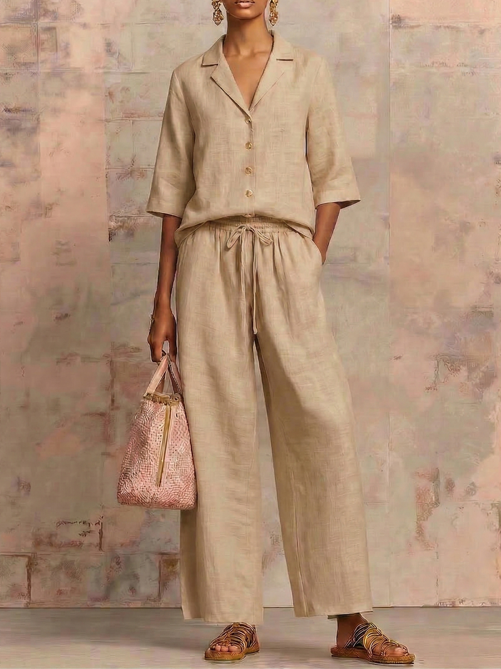 New Arrivals🔥Vintage Cuban Collar Metal Button Linen Cotton Two-piece Set