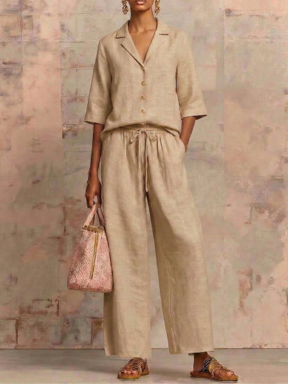 New Arrivals🔥Vintage Cuban Collar Metal Button Linen Cotton Two-piece Set