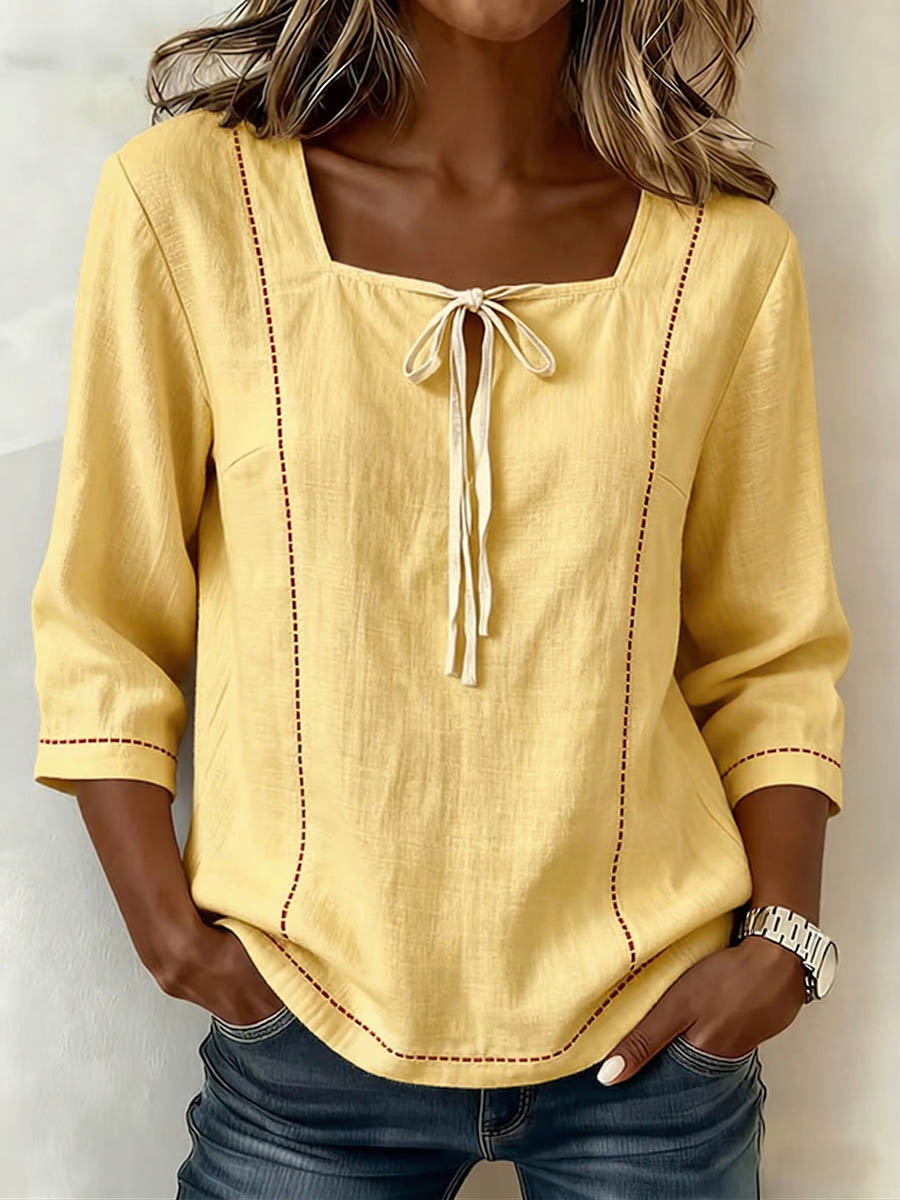 New Arrivals🔥 Women's Square-neck 3/4-sleeve Loose-fit Cotton-linen Top