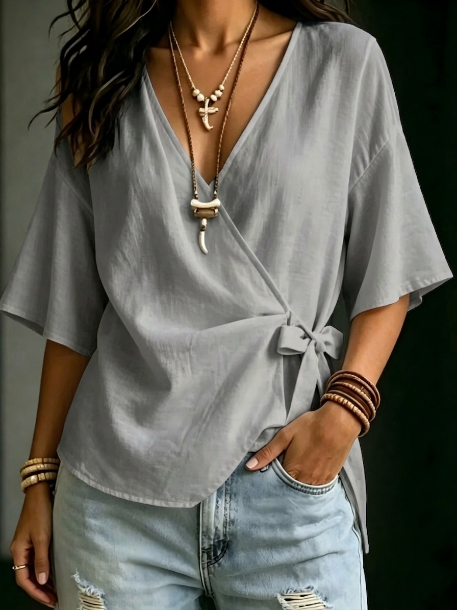 New Arrivals🔥Women's Casual Solid-color Loose V-neck Short-sleeve Tie-front Top