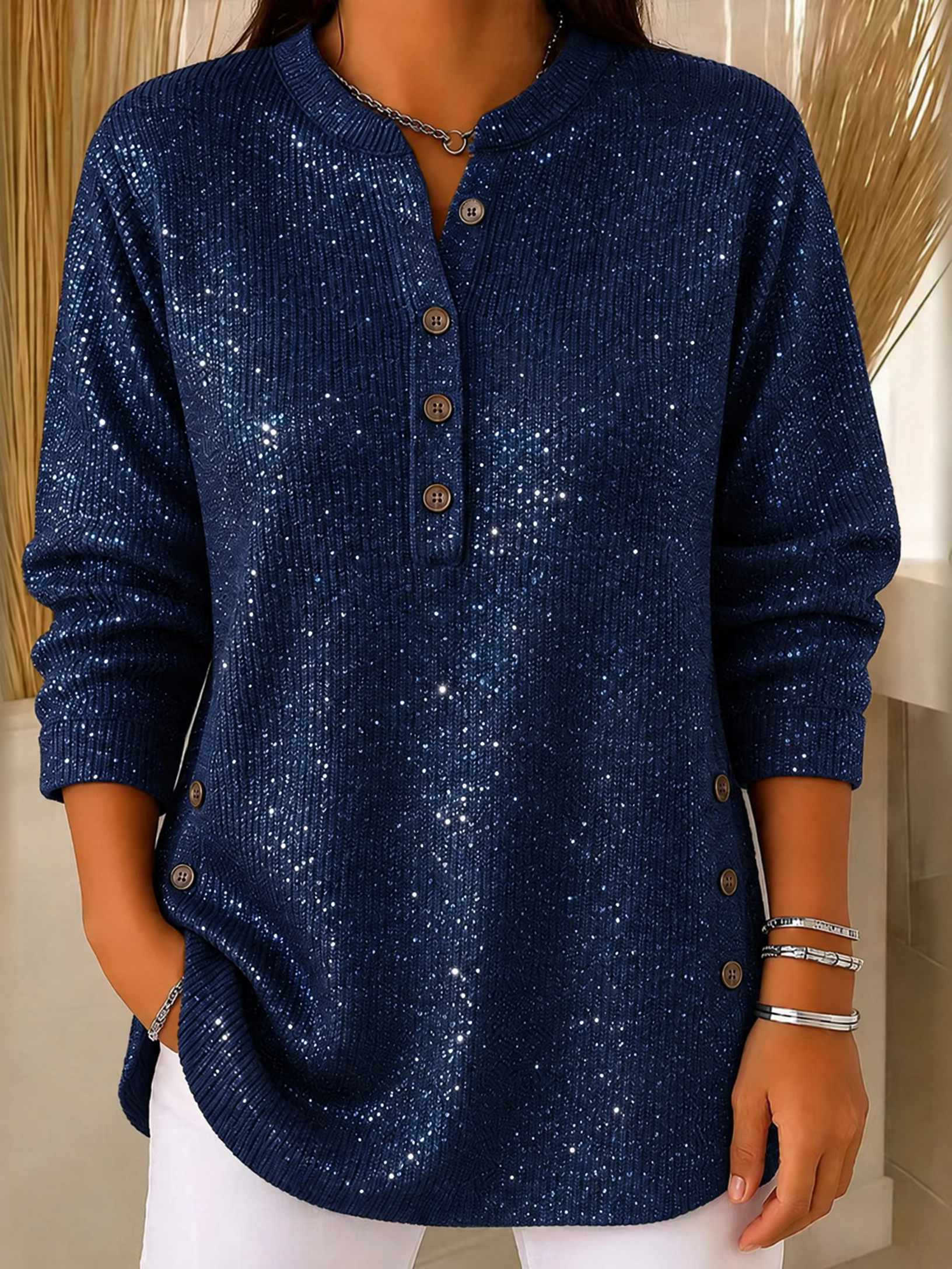Women's Sparkly Ribbed Knit Henley Top