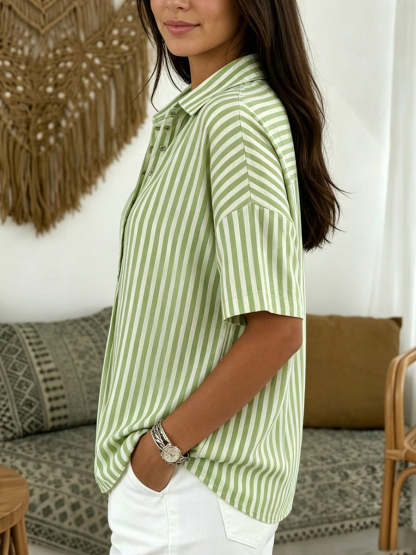 Casual Striped Polo Collar Snap Buttons Cotton-linen Shirt