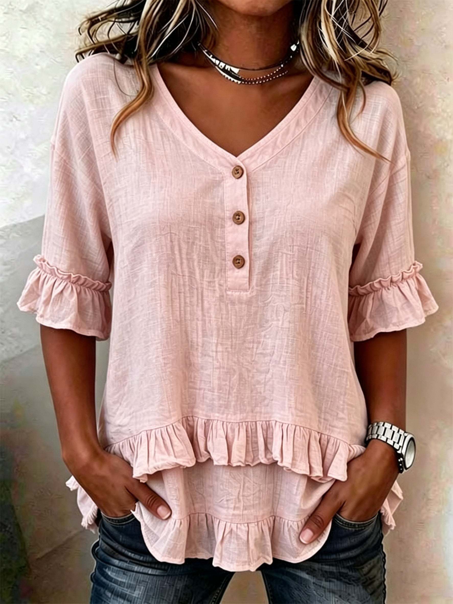 Retro V-neck Ruffled Loose Cotton-linen Shirt