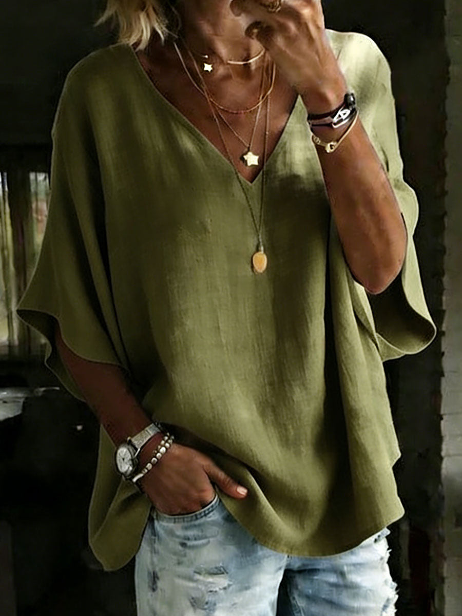 NEW🔥 Women's 100% Cotton Classic Loose Fit V Neck Dolman Sleeve T-shirt