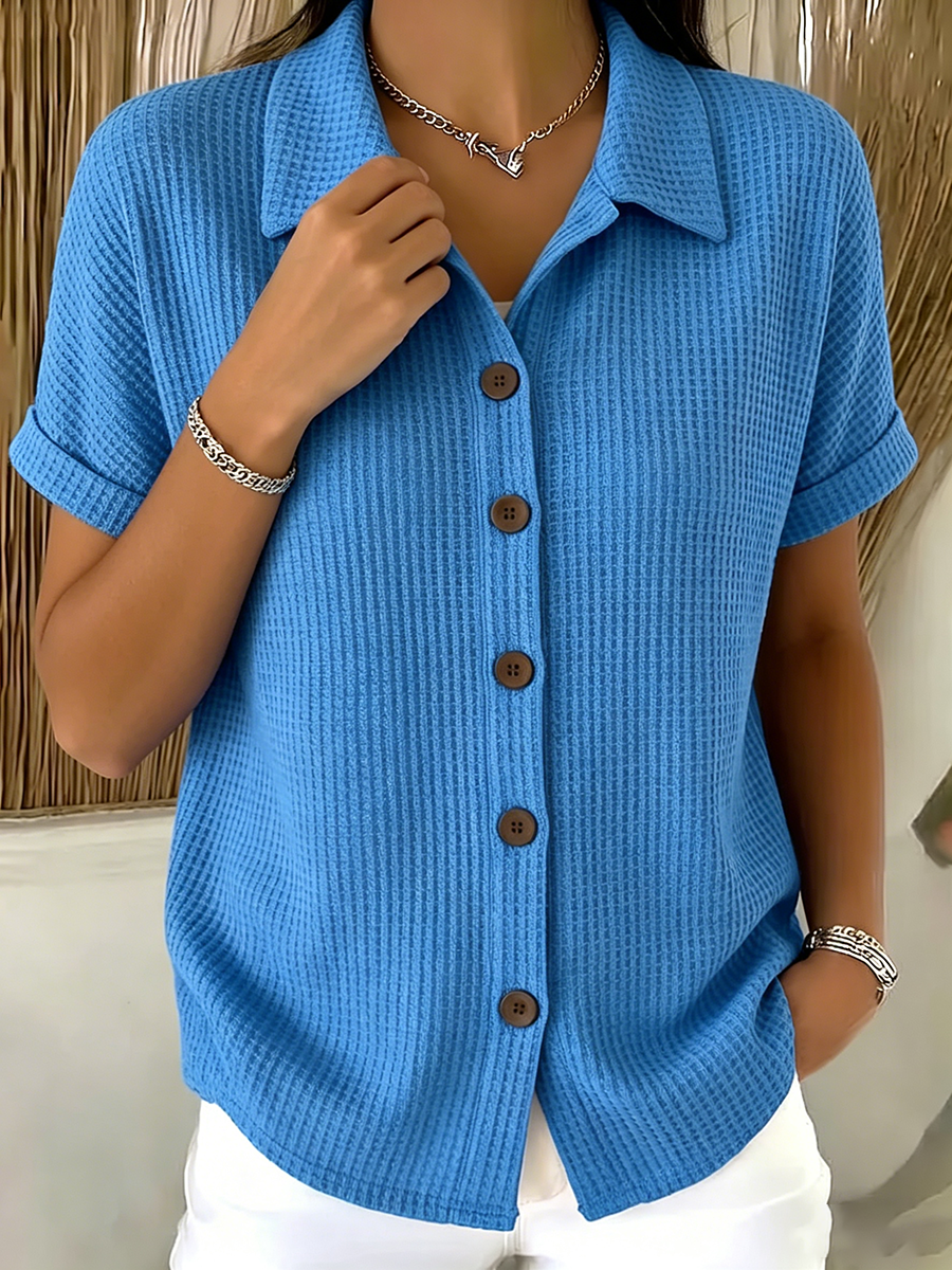 Casual Polo-collar Button-up Waffle Shirt