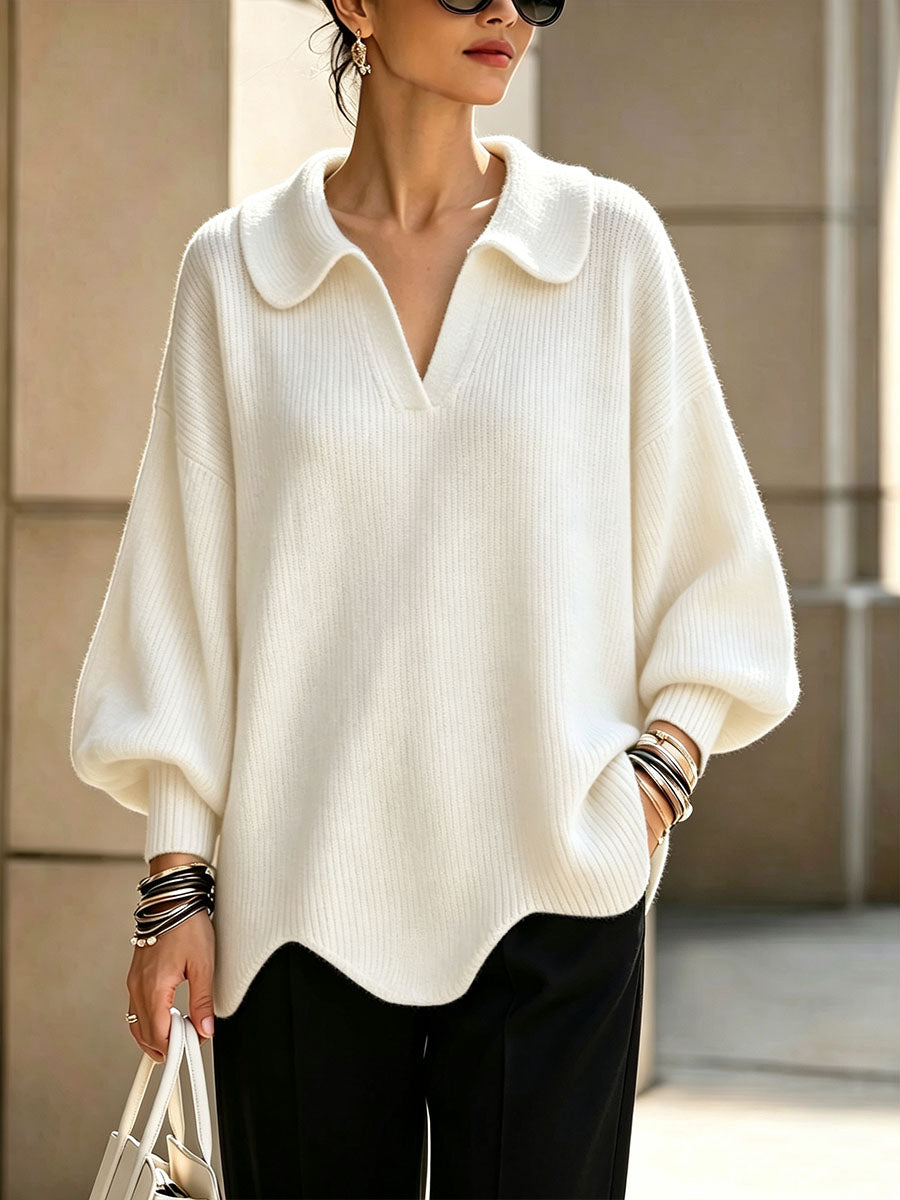 CLEARANCE SALE🔥Women's Solid Color Collared Long-sleeved Casual Loose Pullover Knit Sweater