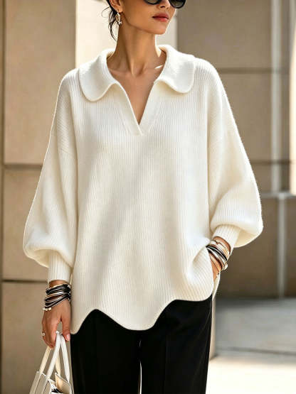 CLEARANCE SALE🔥Women's Solid Color Collared Long-sleeved Casual Loose Pullover Knit Sweater