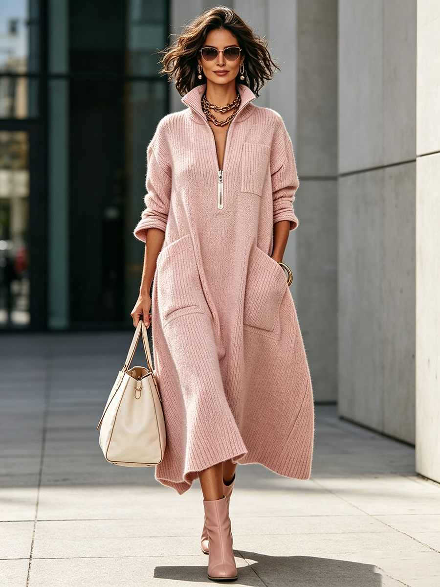 CLEARANCE SALE🔥 Women’s Quarter Zip Mock Neck Knit Maxi Dress with Pockets