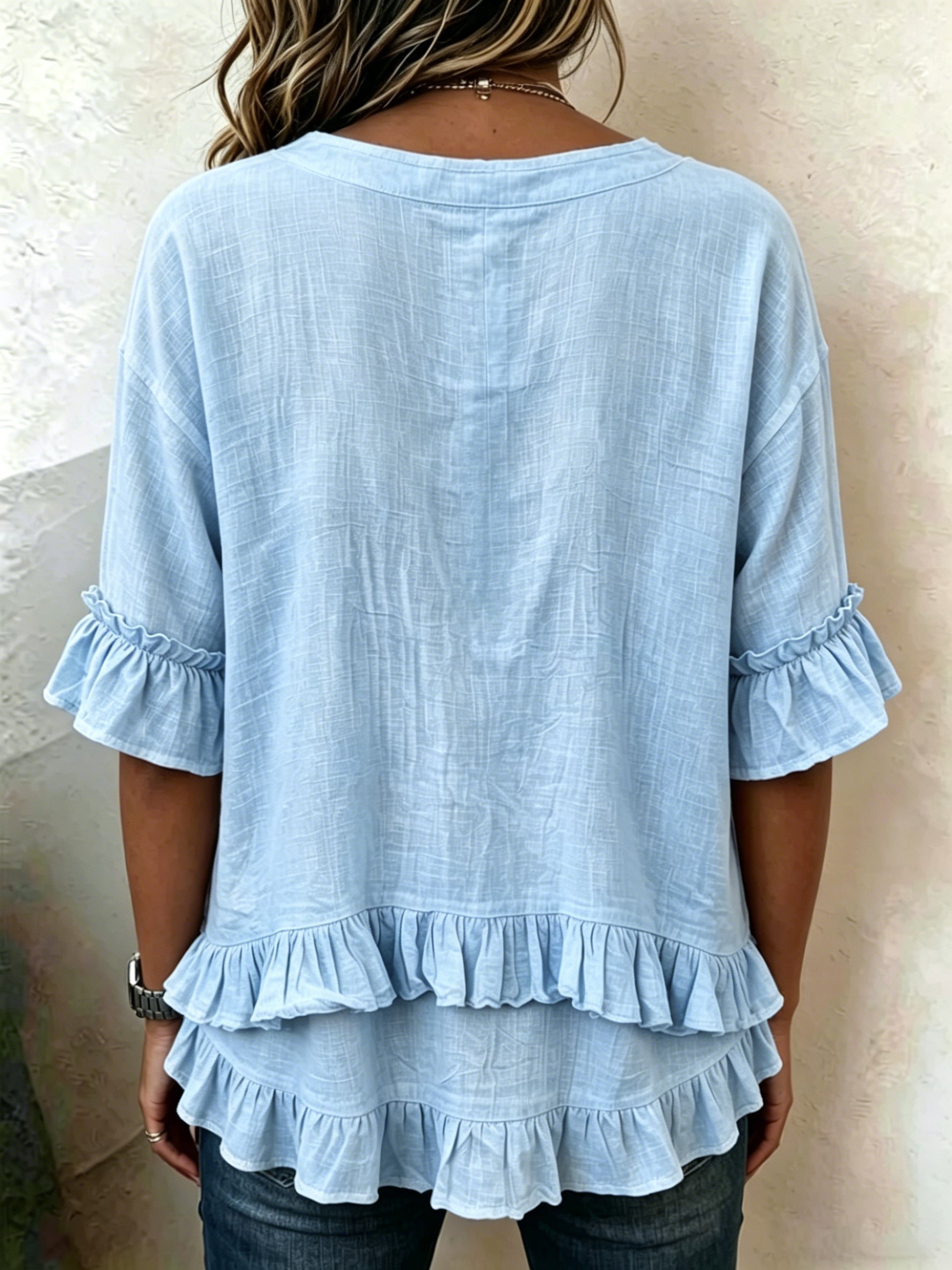 Retro V-neck Ruffled Loose Cotton-linen Shirt