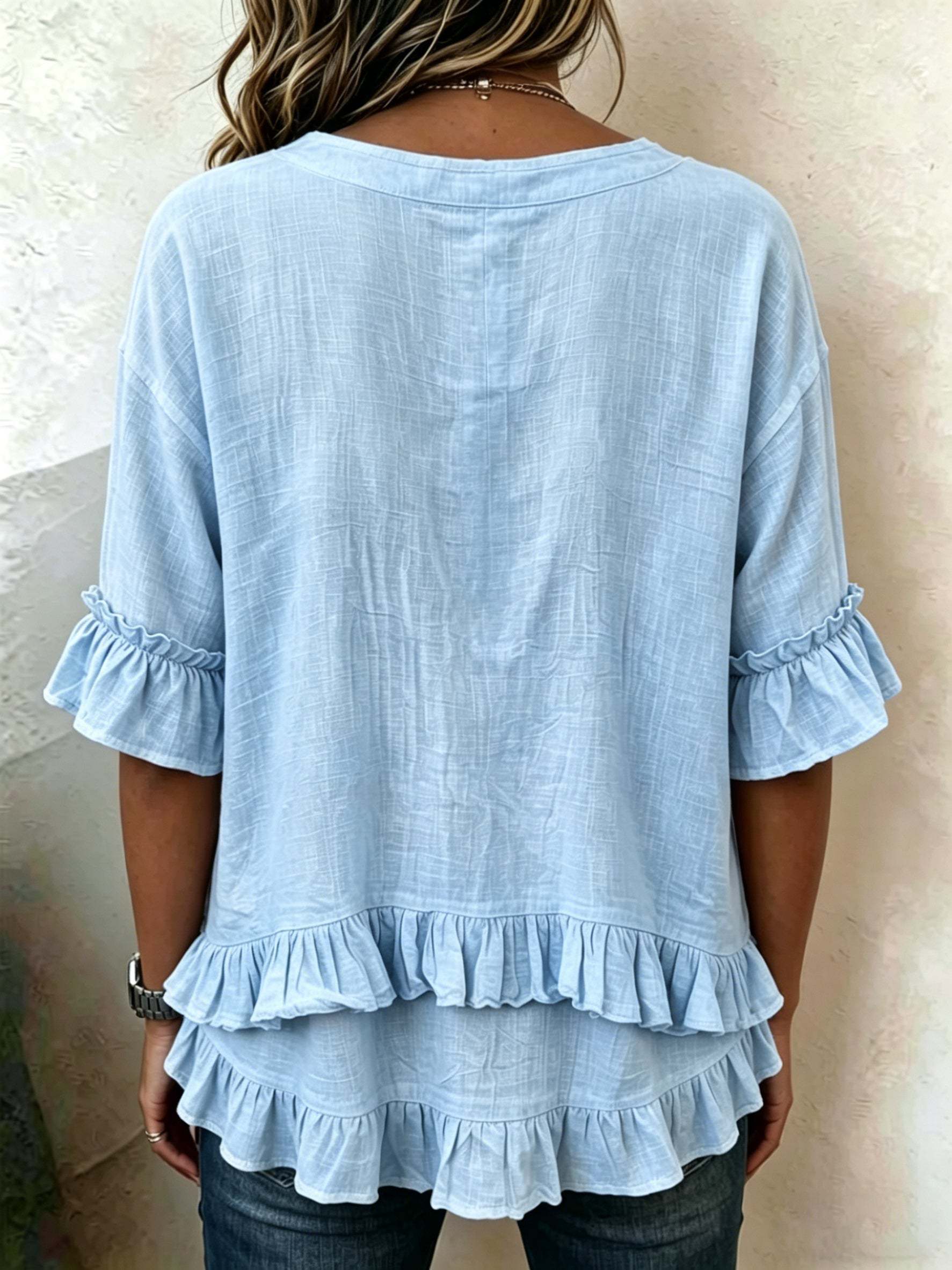 Retro V-neck Ruffled Loose Cotton-linen Shirt