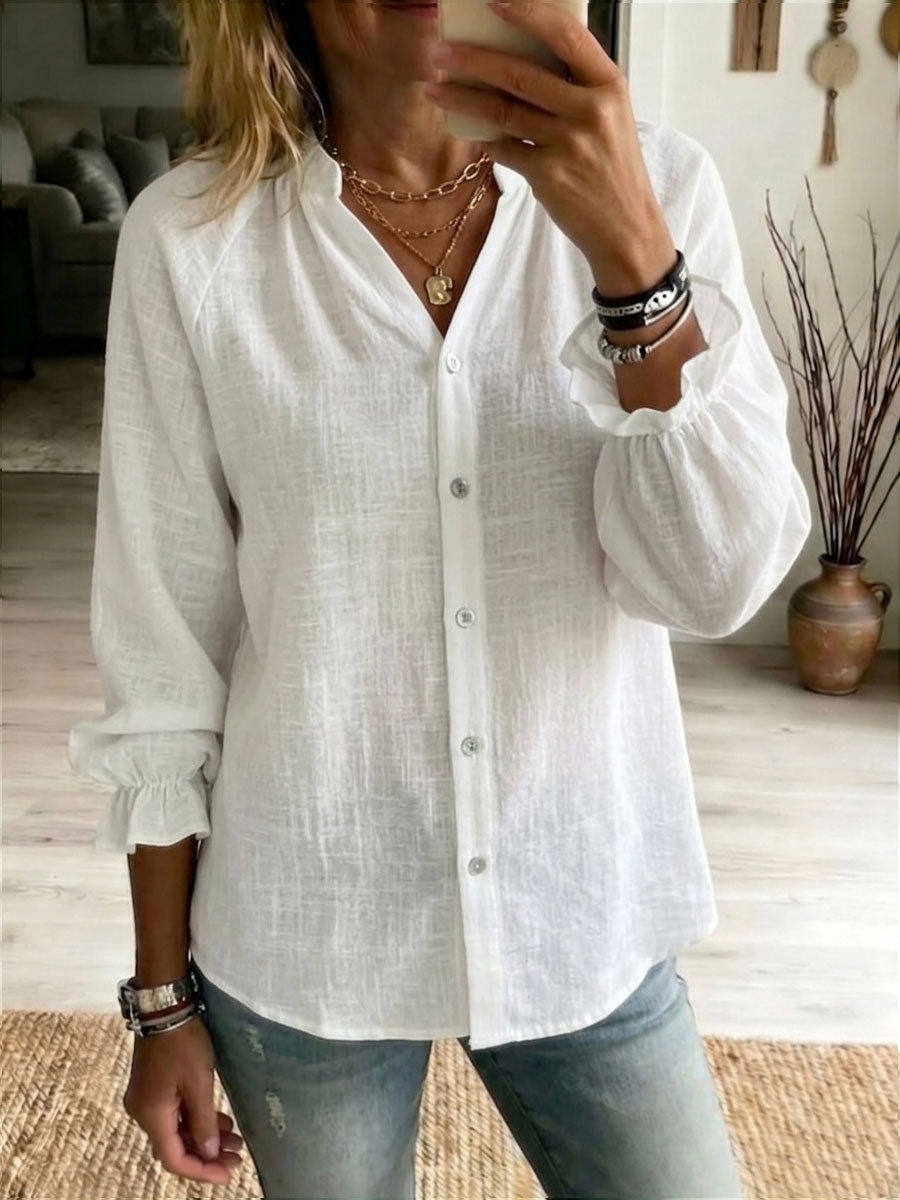 Women's Cotton Linen Loose Solid Color Long Sleeves Shirt