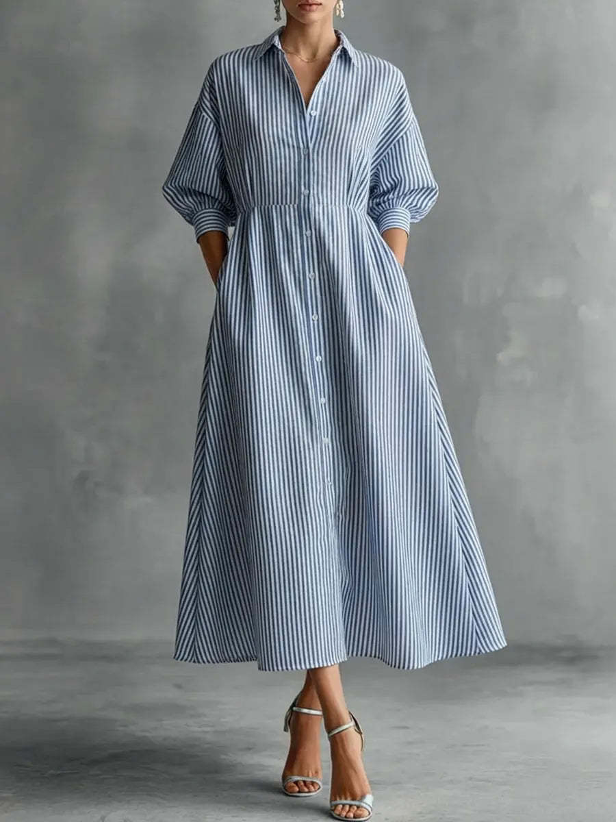 Women's Striped Art Lapel Button Art Casual Stylish Cotton Linen Dress