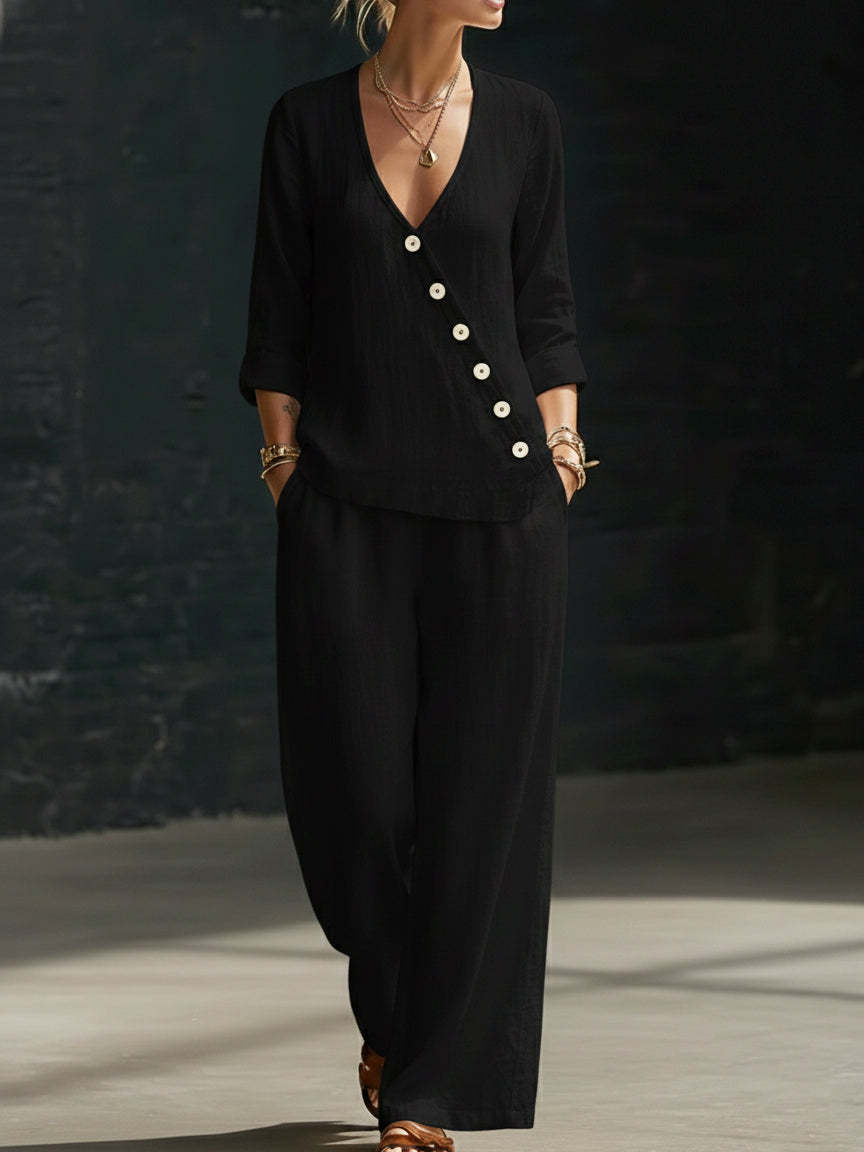 Minimalist V-neck Shirt And Wide-leg Pants Two-piece Set