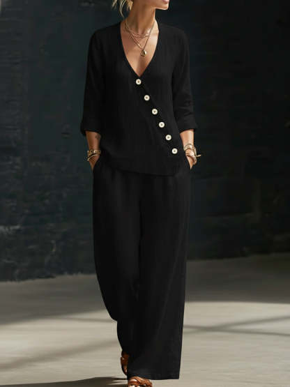 Minimalist V-neck Shirt And Wide-leg Pants Two-piece Set