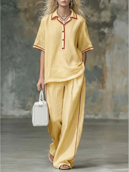 NEW🔥Casual Red-trimmed Short-sleeved Linen And Cotton Shirt And Trousers Two-piece Set