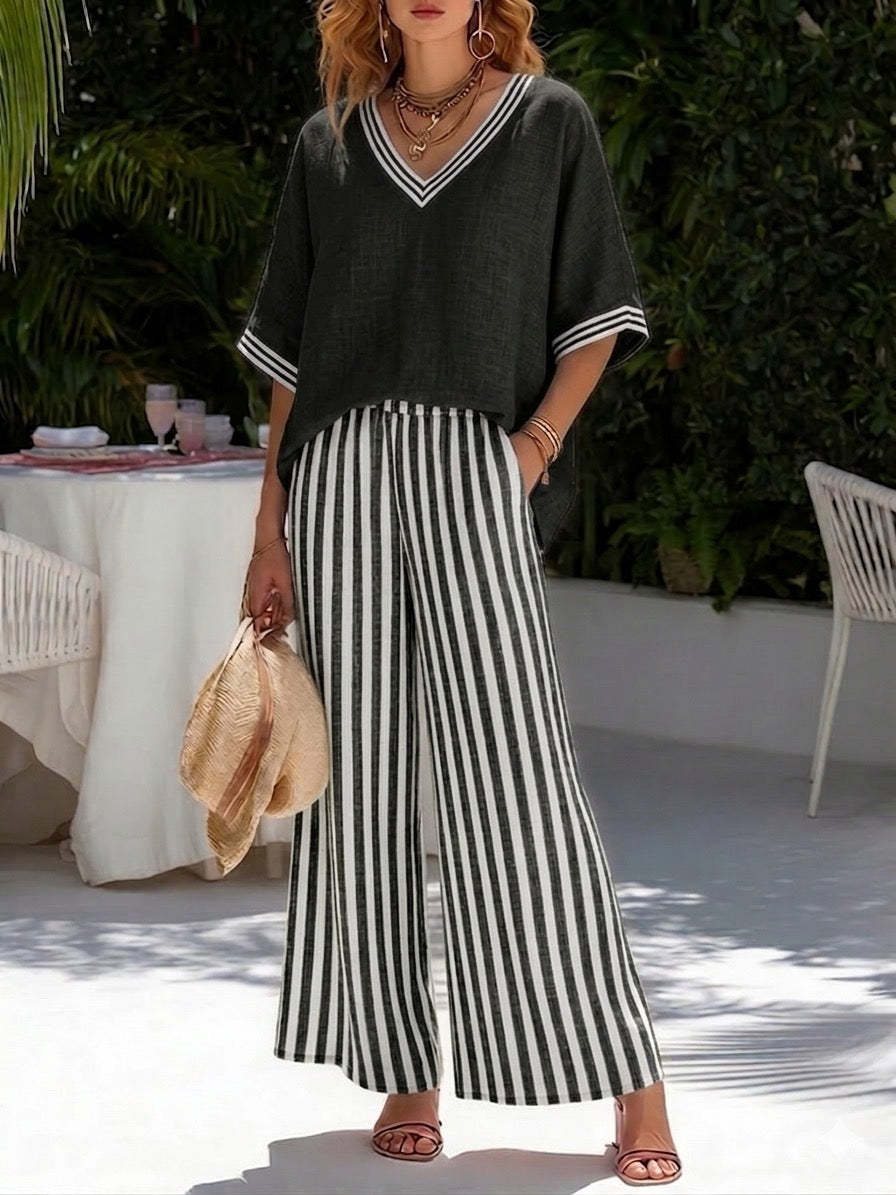 Casual Two-piece Set: Striped Linen & Cotton Patchwork Top And Striped Trousers