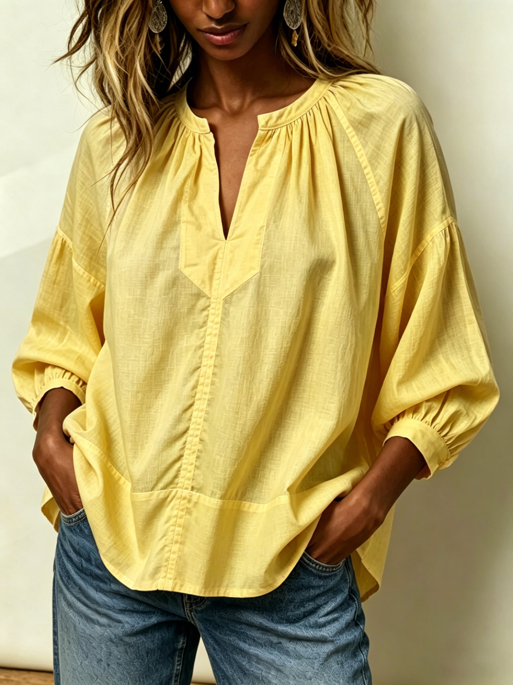 Women's V-neck, Lantern-sleeve, Loose-fit, Slimming Cotton-linen Shirt
