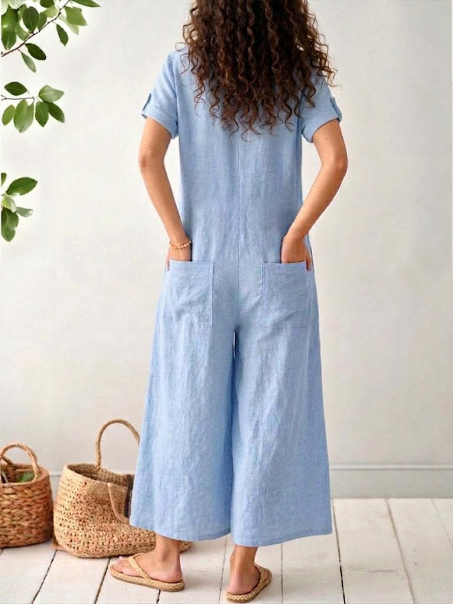 Casual Short-sleeve Linen-cotton Wide-leg Jumpsuit