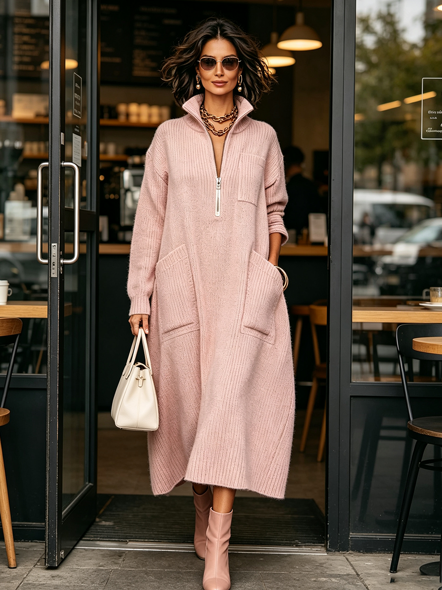 CLEARANCE SALE🔥 Women’s Quarter Zip Mock Neck Knit Maxi Dress with Pockets