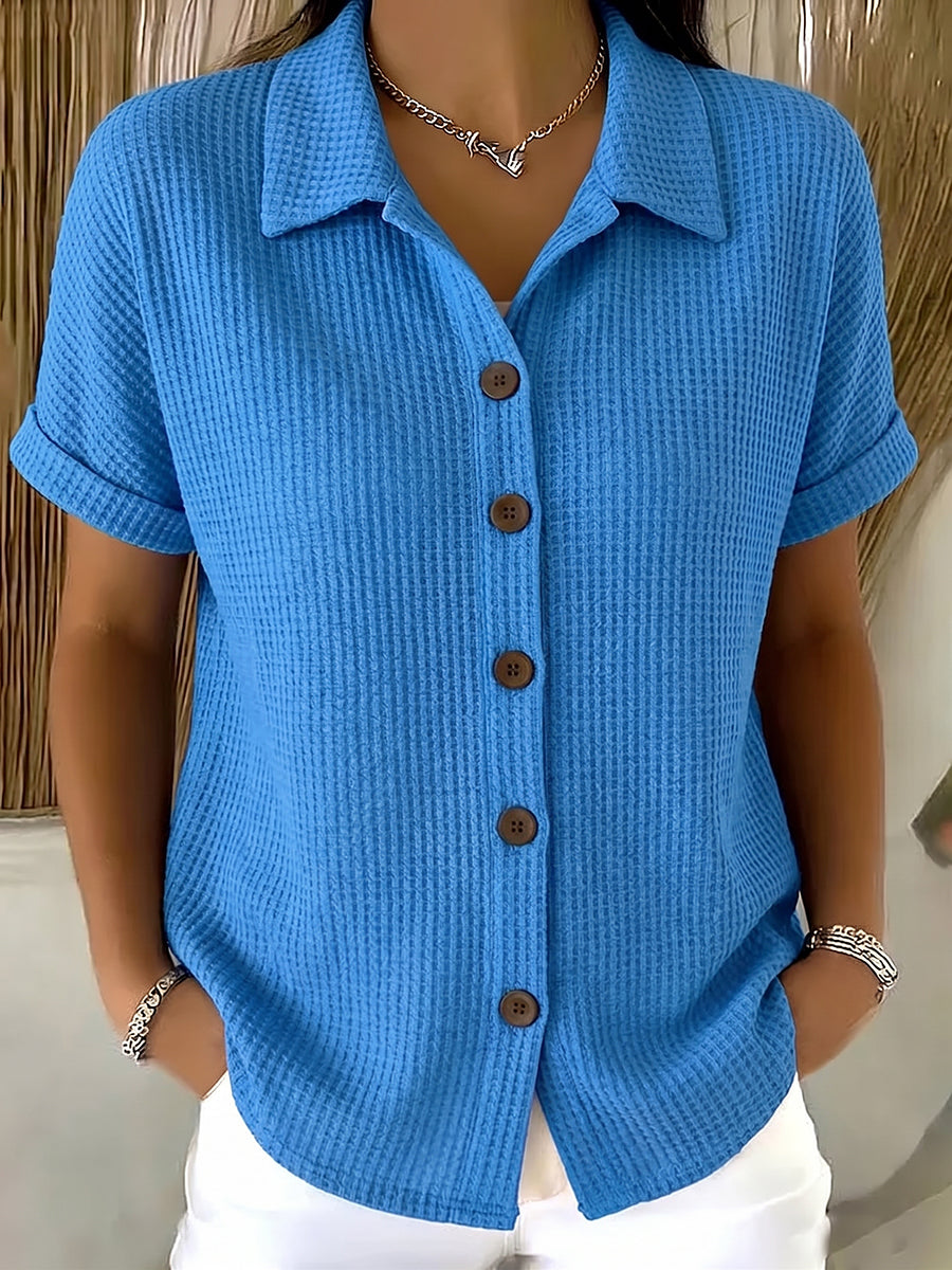 Casual Polo-collar Button-up Waffle Shirt