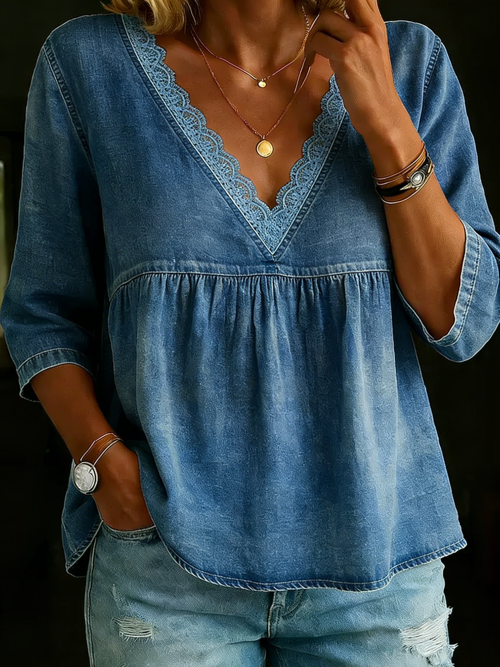 New Arrivals🔥Women's Retro Casual Lace Collar Denim Shirt Top