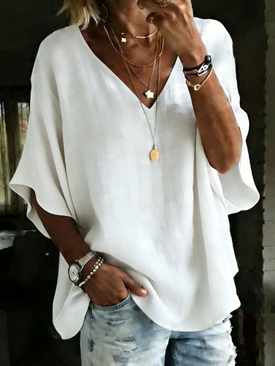 NEW🔥 Women's 100% Cotton Classic Loose Fit V Neck Dolman Sleeve T-shirt