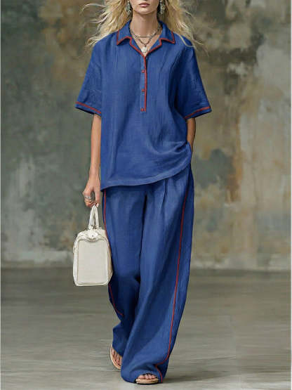 NEW🔥Casual Red-trimmed Short-sleeved Linen And Cotton Shirt And Trousers Two-piece Set
