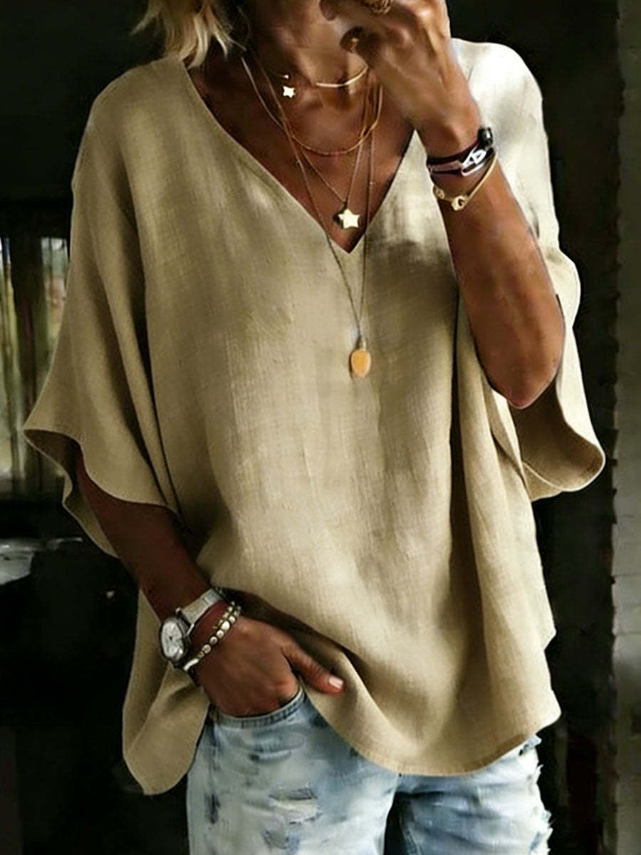 NEW🔥 Women's 100% Cotton Classic Loose Fit V Neck Dolman Sleeve T-shirt
