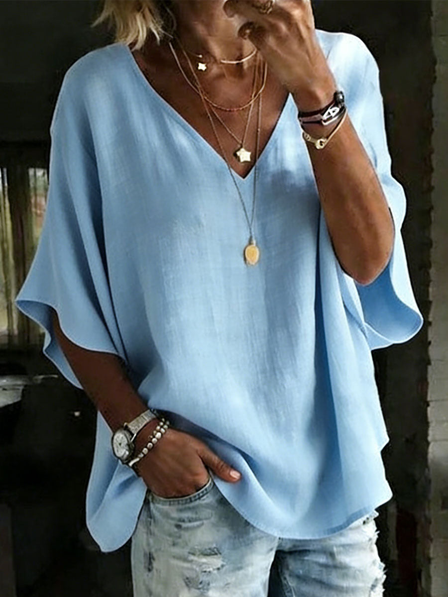 NEW🔥 Women's 100% Cotton Classic Loose Fit V Neck Dolman Sleeve T-shirt