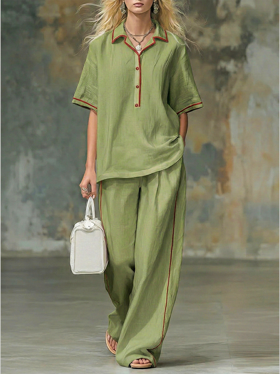 NEW🔥Casual Red-trimmed Short-sleeved Linen And Cotton Shirt And Trousers Two-piece Set