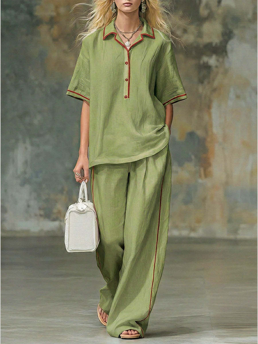 NEW🔥Casual Red-trimmed Short-sleeved Linen And Cotton Shirt And Trousers Two-piece Set
