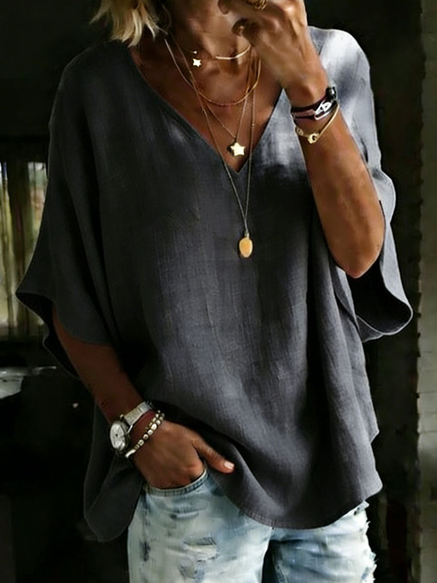 NEW🔥 Women's 100% Cotton Classic Loose Fit V Neck Dolman Sleeve T-shirt