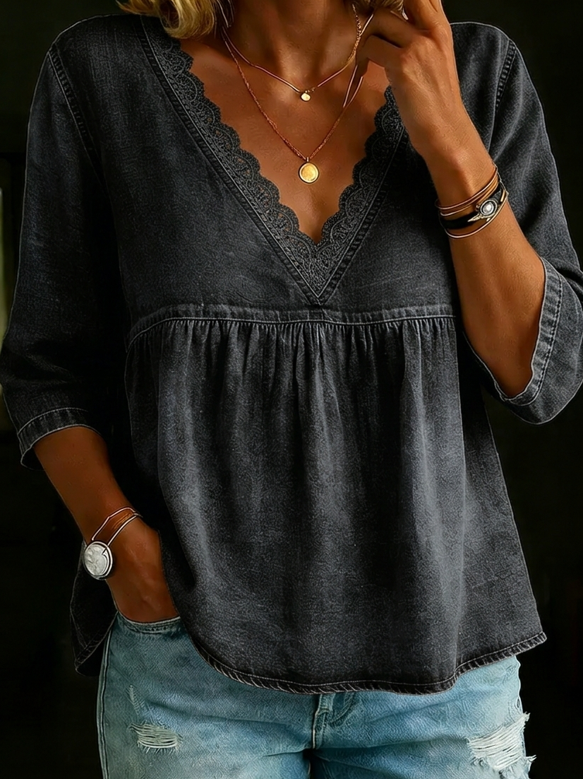 New Arrivals🔥Women's Retro Casual Lace Collar Denim Shirt Top