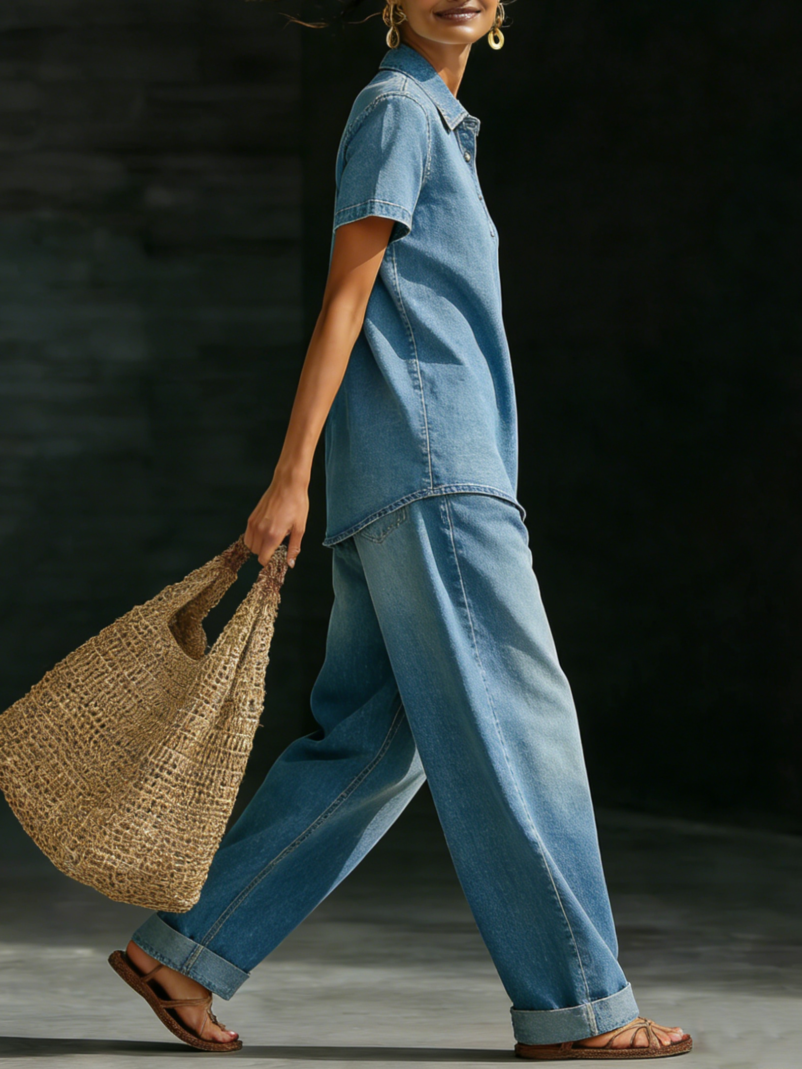 NEW🔥Women's Casual Cozy Polo Collar Shirt And Jeans Denim Set