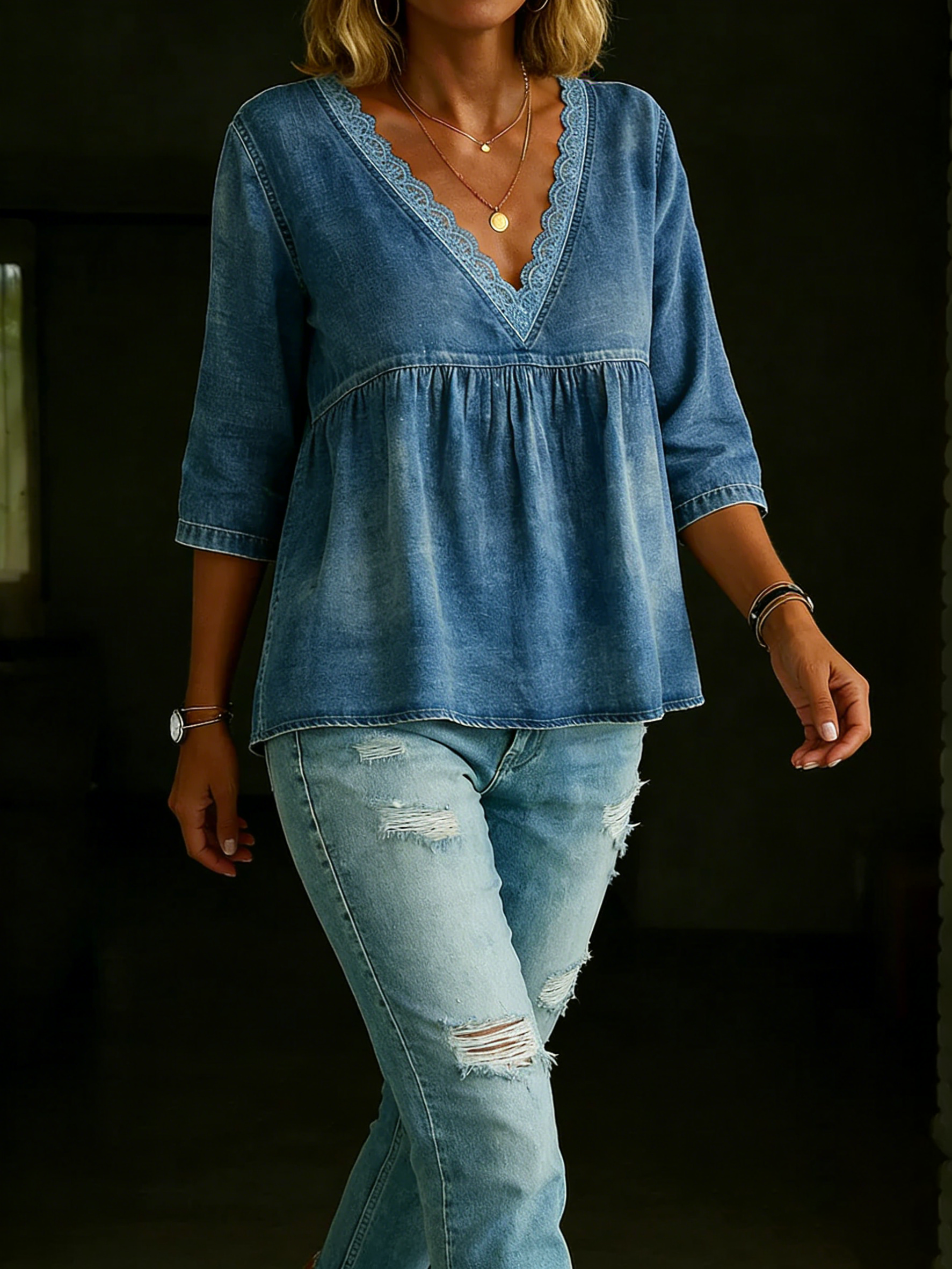 New Arrivals🔥Women's Retro Casual Lace Collar Denim Shirt Top