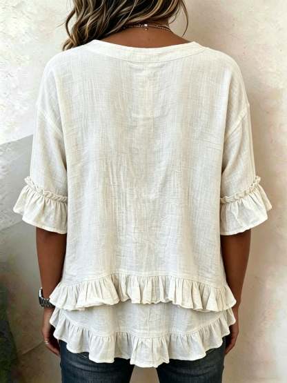 Retro V-neck Ruffled Loose Cotton-linen Shirt
