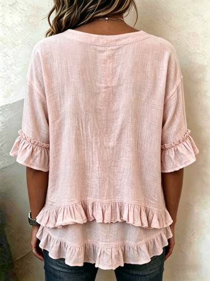 Retro V-neck Ruffled Loose Cotton-linen Shirt