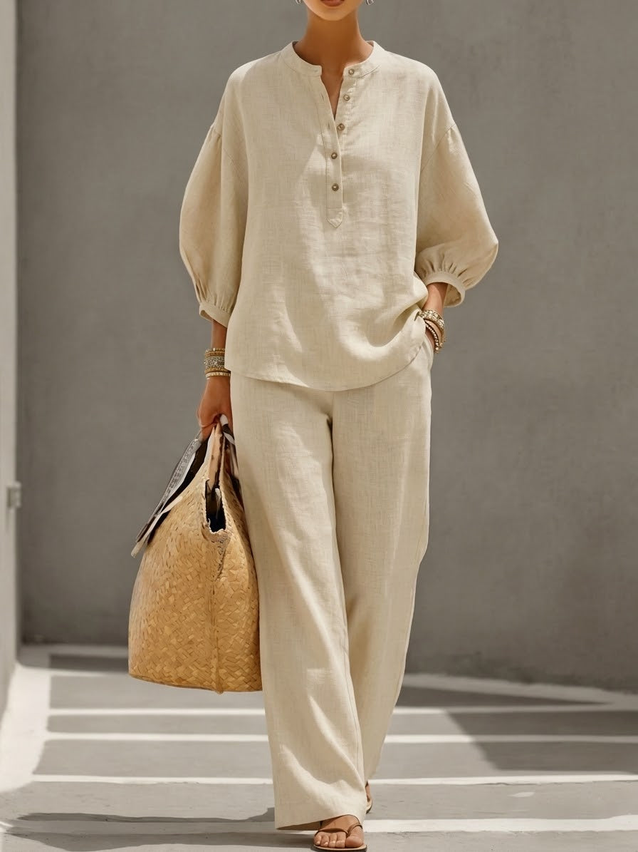 Casual Linen And Cotton Two-piece Set