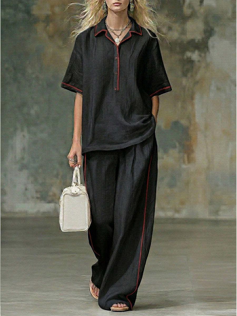 NEW🔥Casual Red-trimmed Short-sleeved Linen And Cotton Shirt And Trousers Two-piece Set
