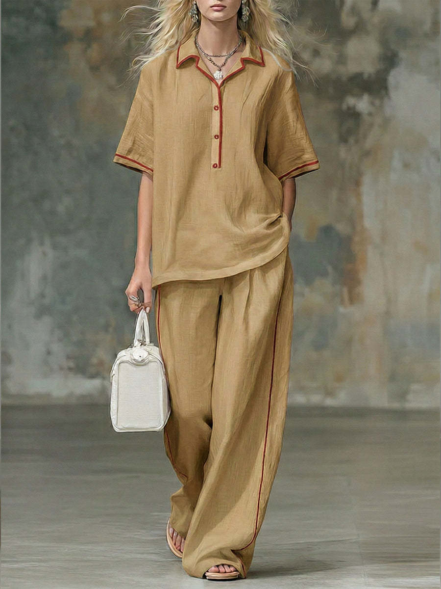 NEW🔥Casual Red-trimmed Short-sleeved Linen And Cotton Shirt And Trousers Two-piece Set