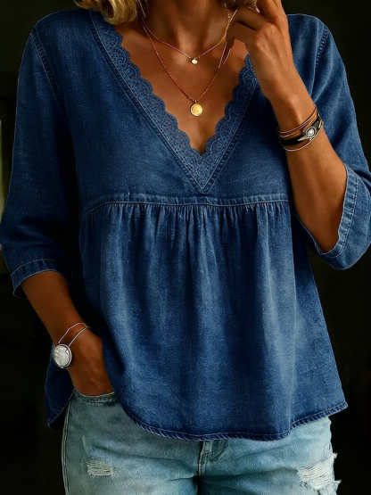 New Arrivals🔥Women's Retro Casual Lace Collar Denim Shirt Top